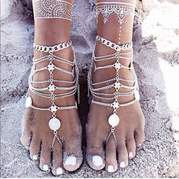 Silver Multilayered Adjustable Boho Coin Anklet Foot Chains - Set of 2 - Picture 6 of 6